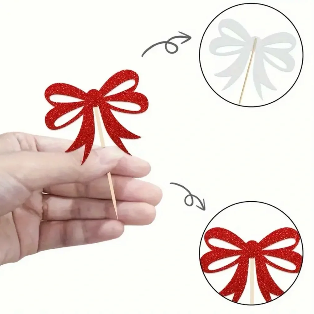 Set of 12 cupcake christmas red bow toppers
